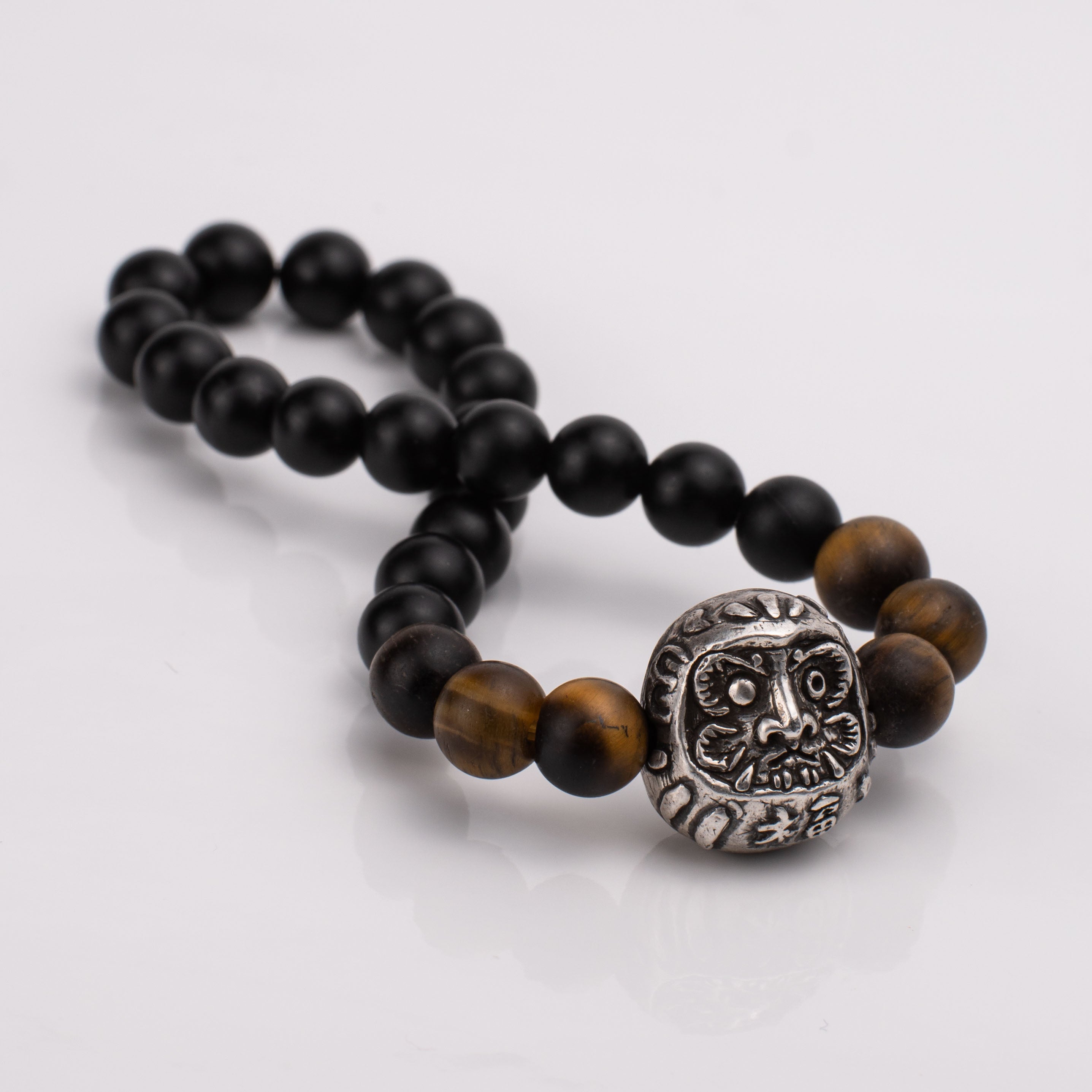 Gemstone Bracelet with Daruma Charm – Black Onyx & Tiger Eye Talisman