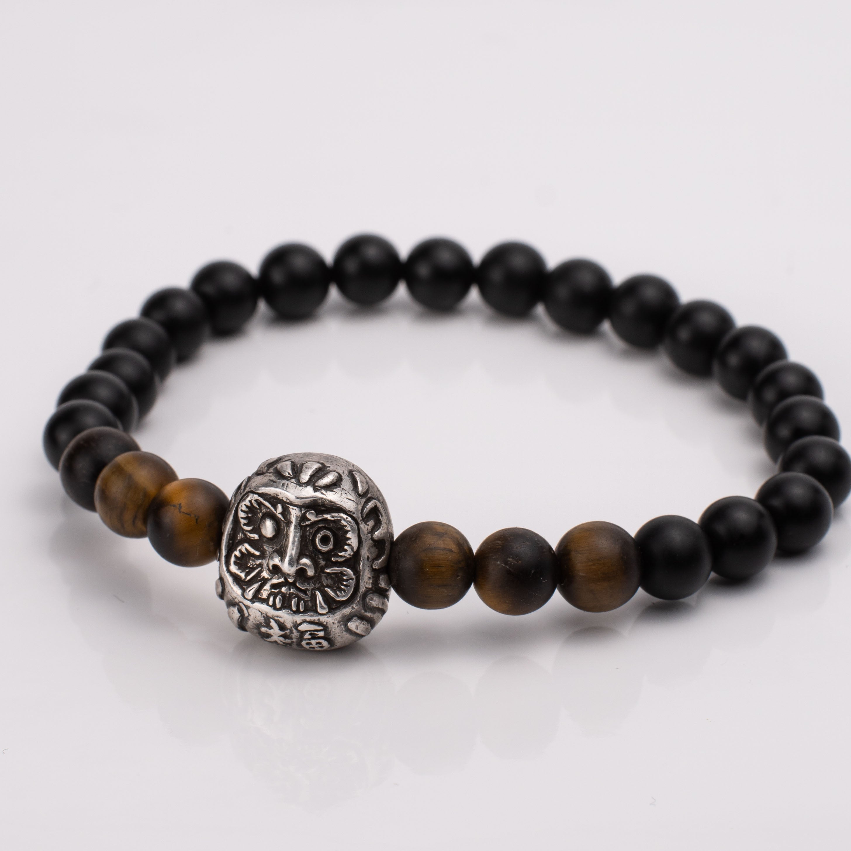 Gemstone Bracelet with Daruma Charm – Black Onyx & Tiger Eye Talisman