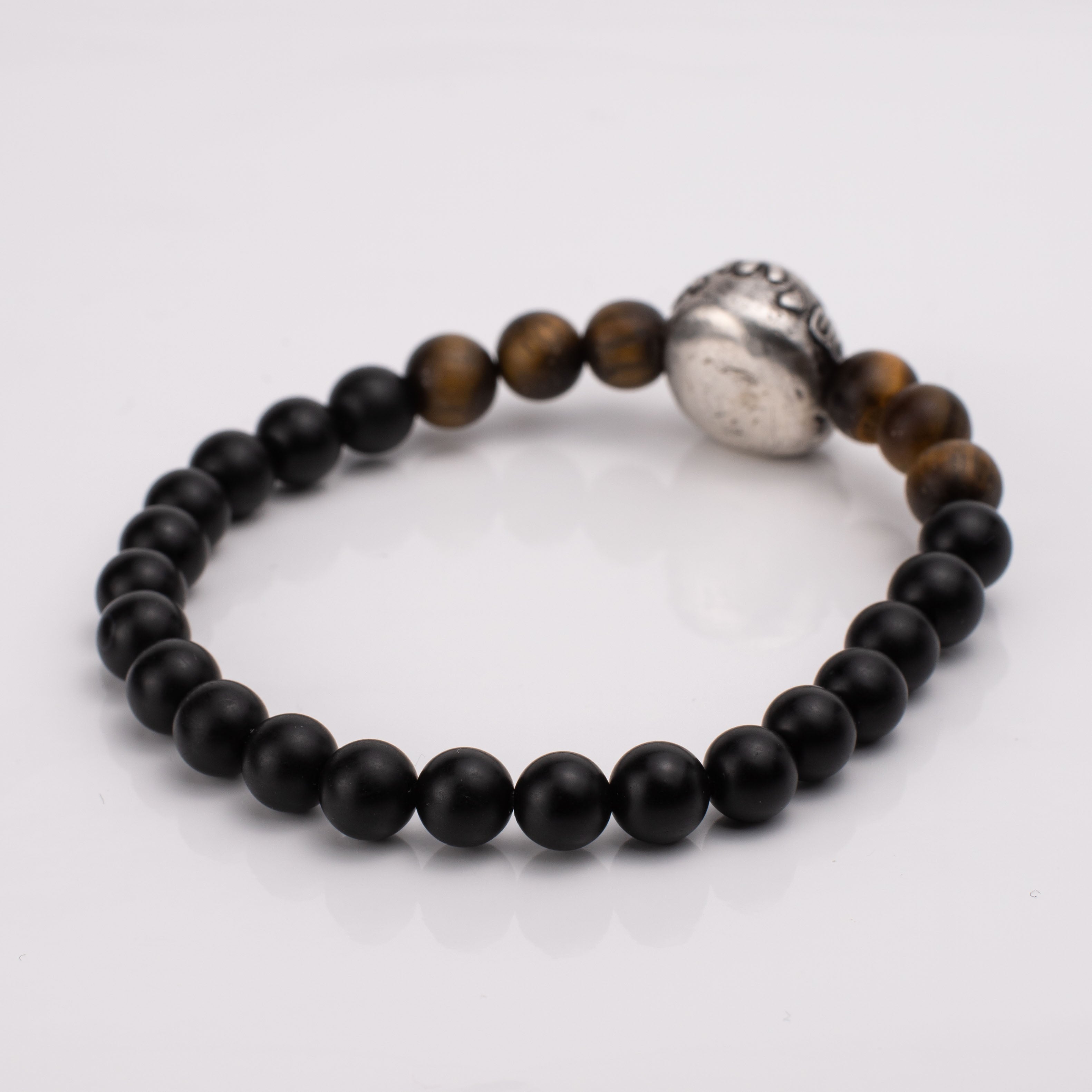 Gemstone Bracelet with Daruma Charm – Black Onyx & Tiger Eye Talisman