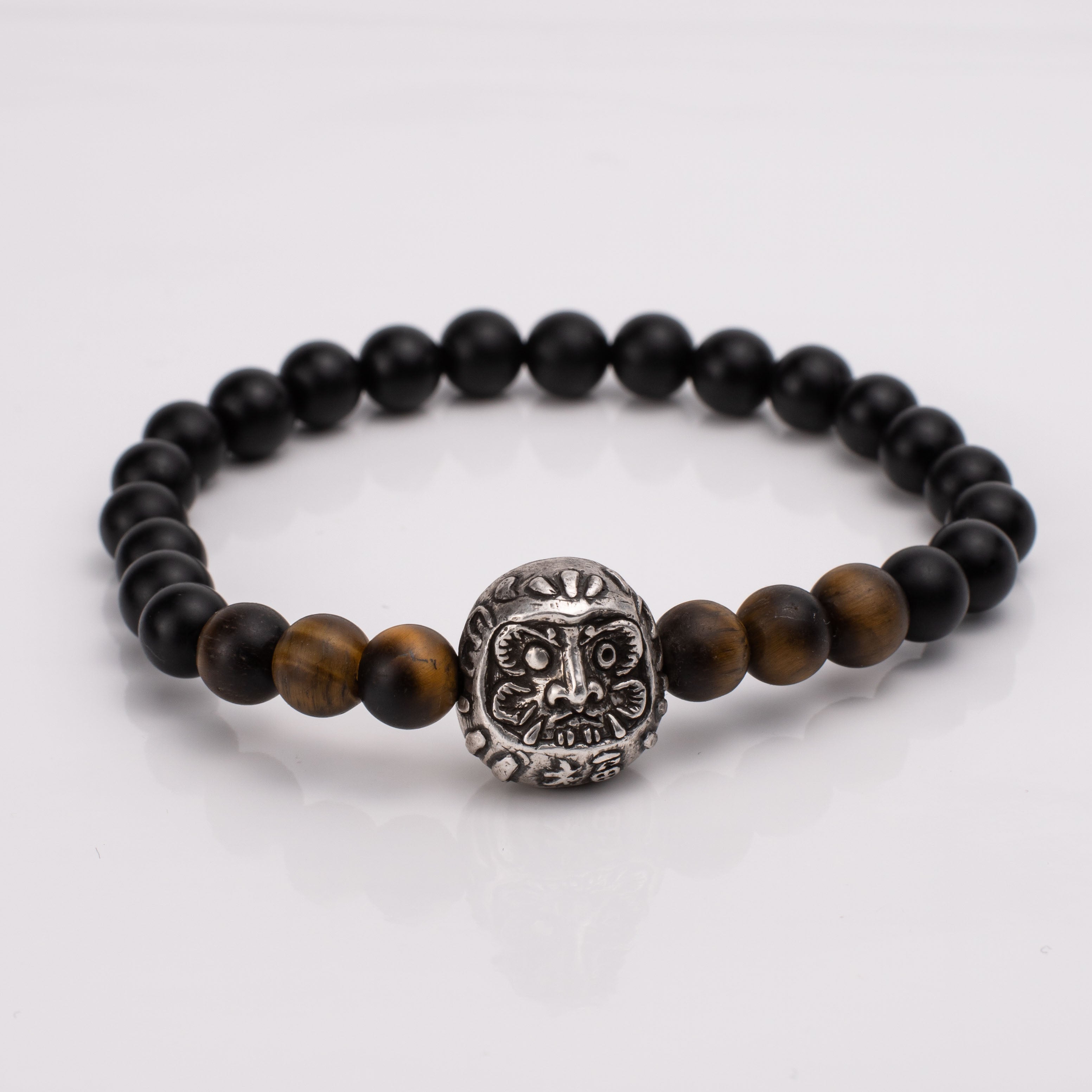 Gemstone Bracelet with Daruma Charm – Black Onyx & Tiger Eye Talisman