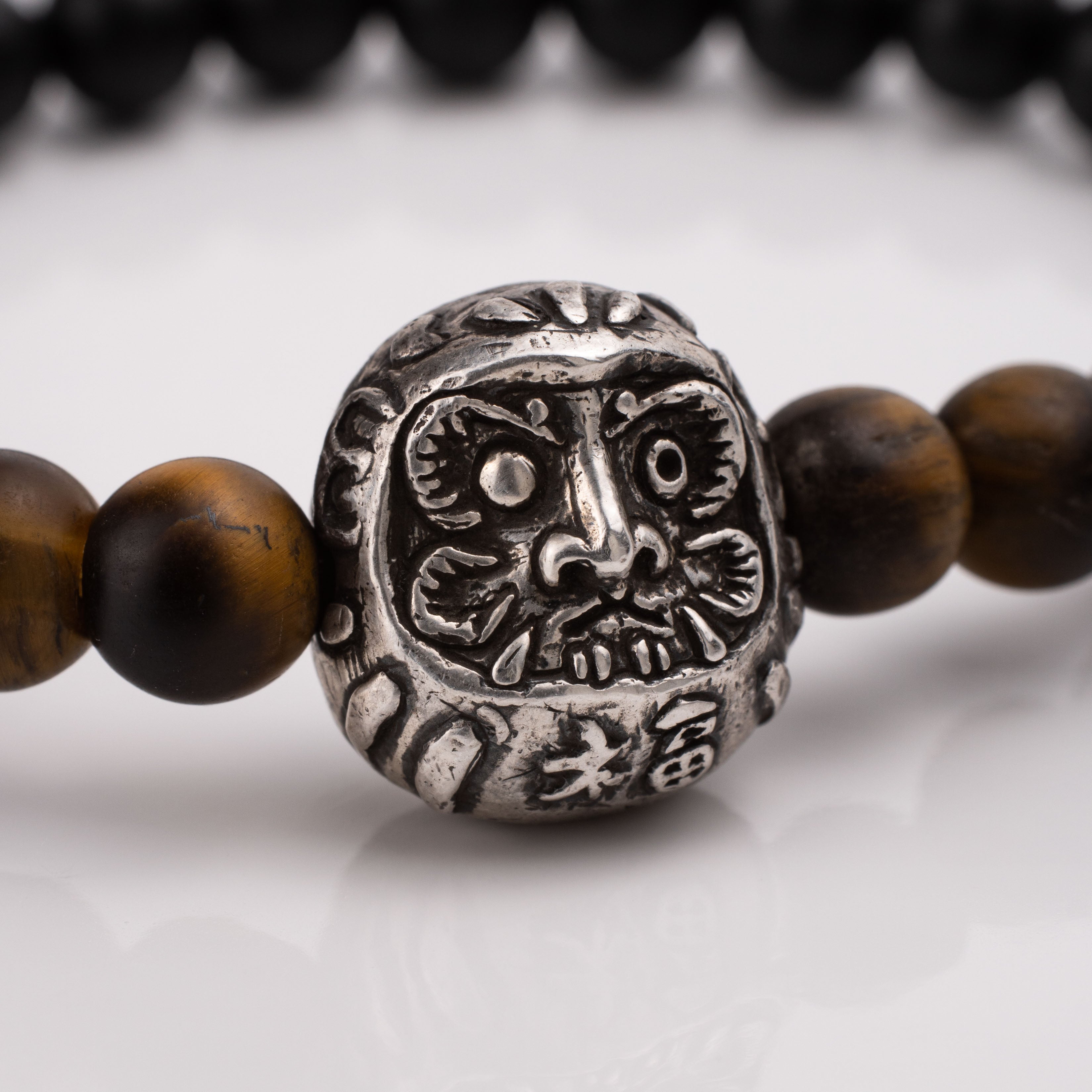 Gemstone Bracelet with Daruma Charm – Black Onyx & Tiger Eye Talisman