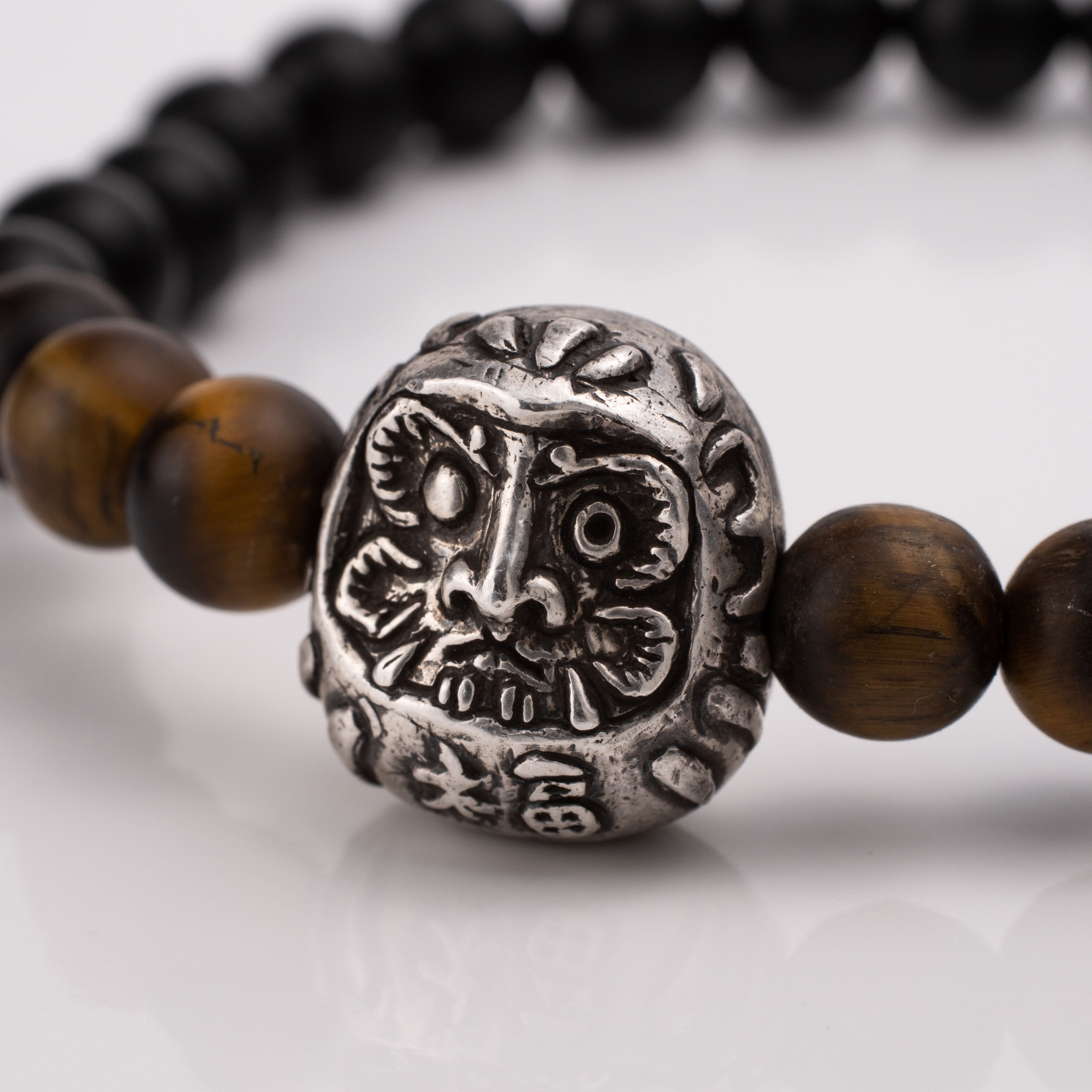 Gemstone Bracelet with Daruma Charm – Black Onyx & Tiger Eye Talisman