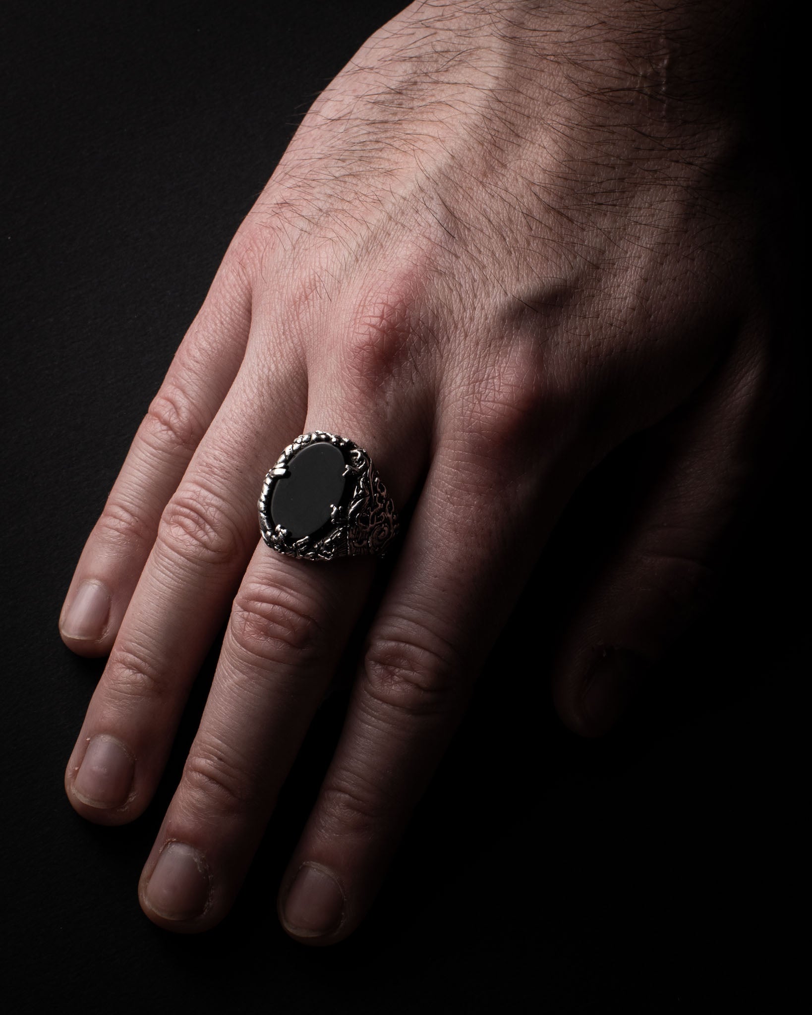 Japanese Tattoo Ring with Onyx – Handcrafted in Sterling Silver 925