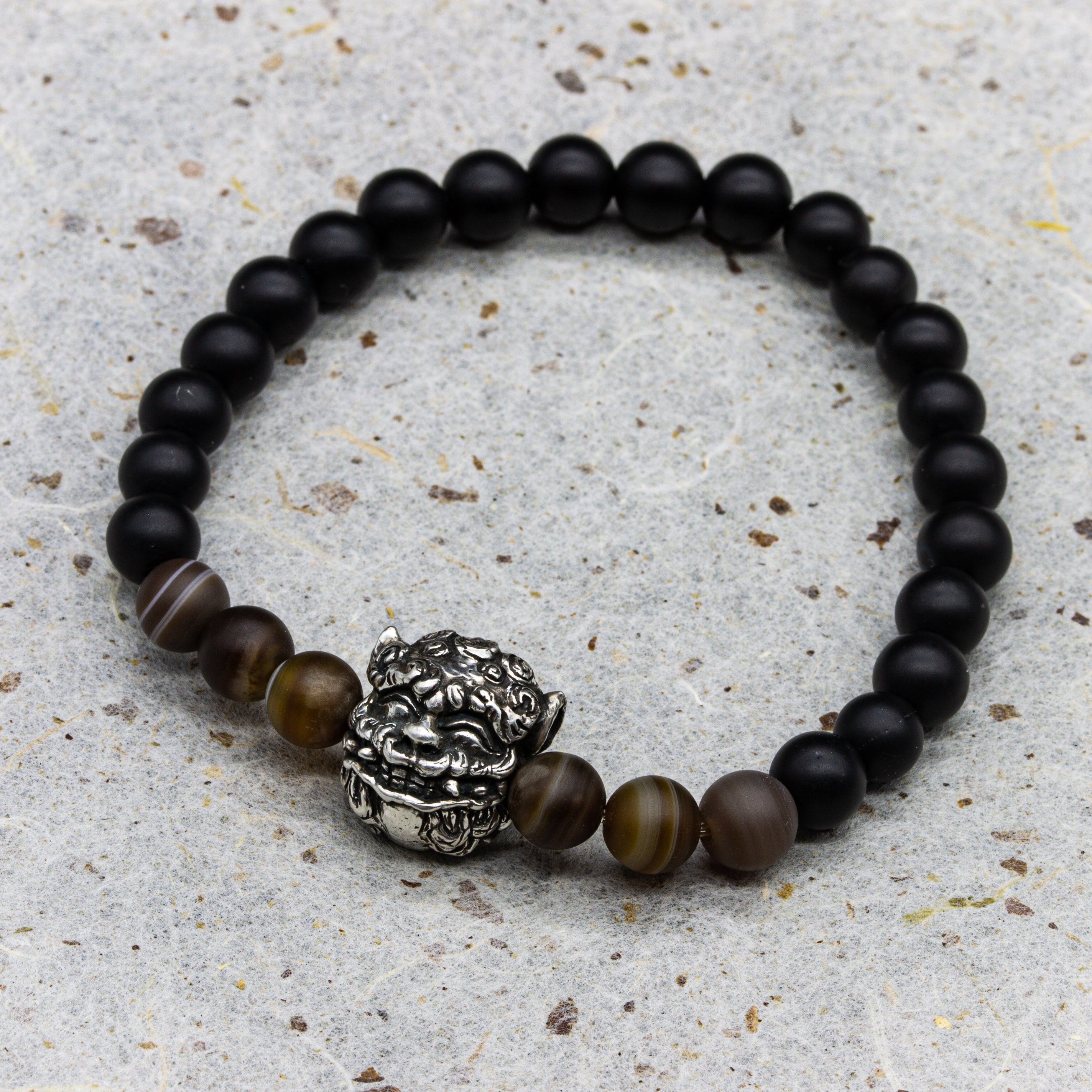 Silent Shisa Bracelet with Onyx & Tiger’s Eye – Inner Strength Silver Charm