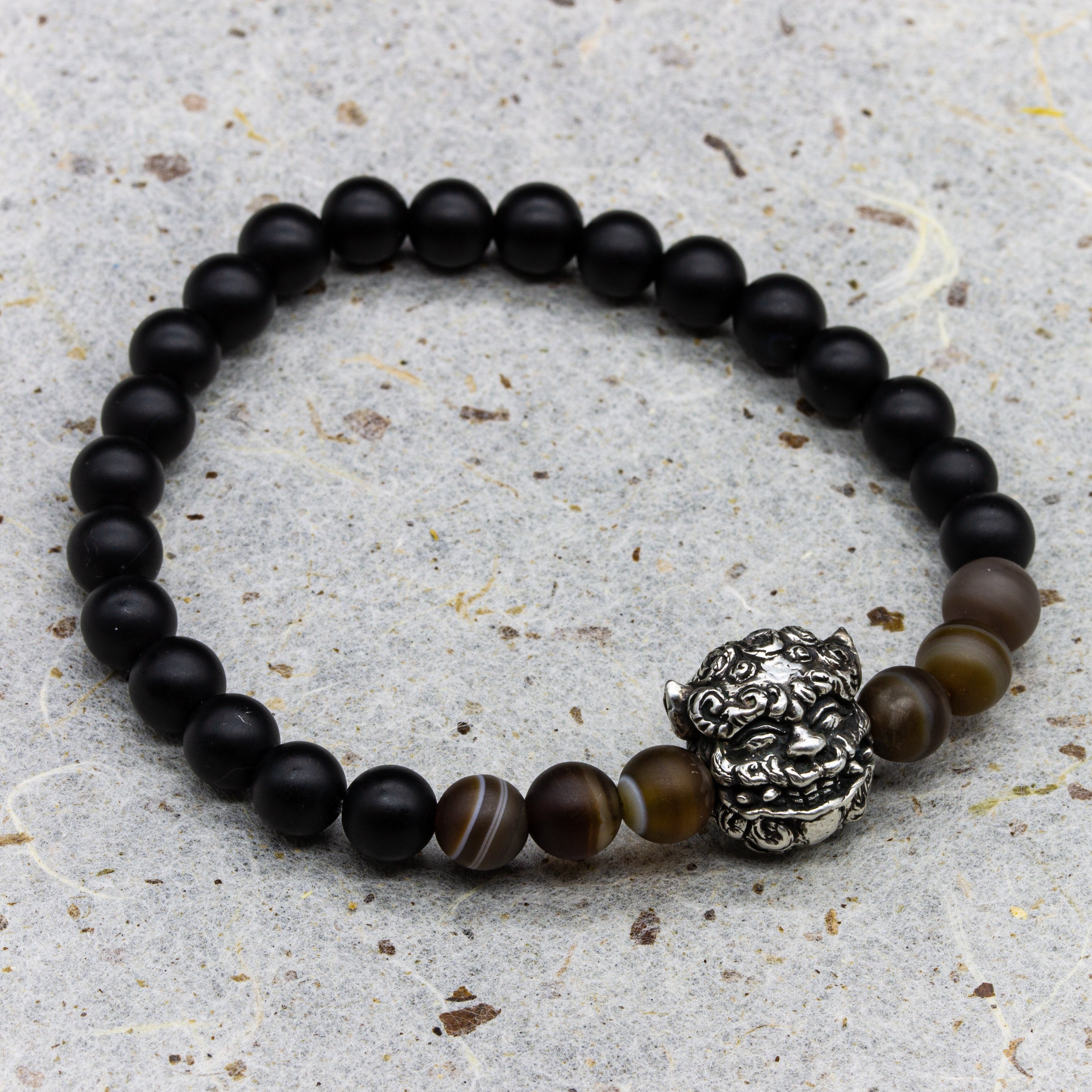 Silent Shisa Bracelet with Onyx & Tiger’s Eye – Inner Strength Silver Charm