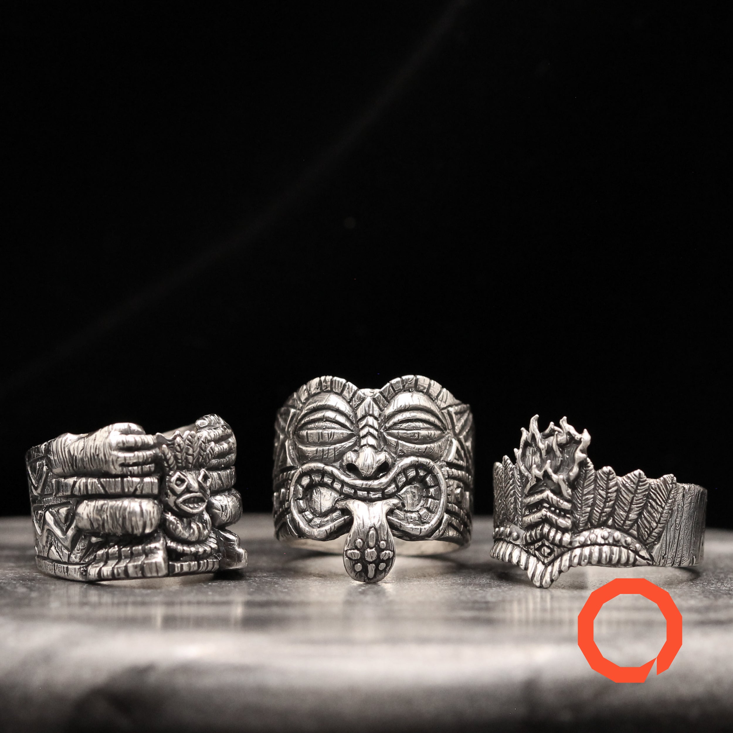 Tiki Mug Totem Ring Set – Handmade Tribal Jewelry in Sterling Silver 925