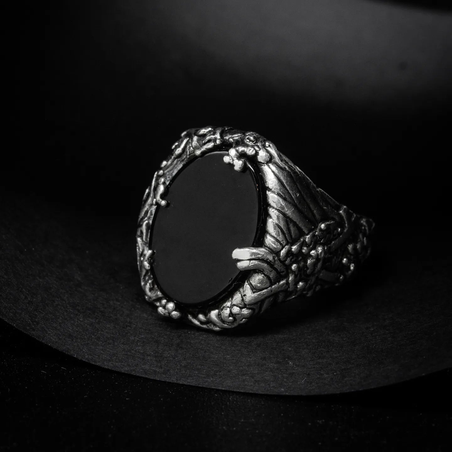 Japanese Tattoo Ring with Onyx – Handcrafted in Sterling Silver 925