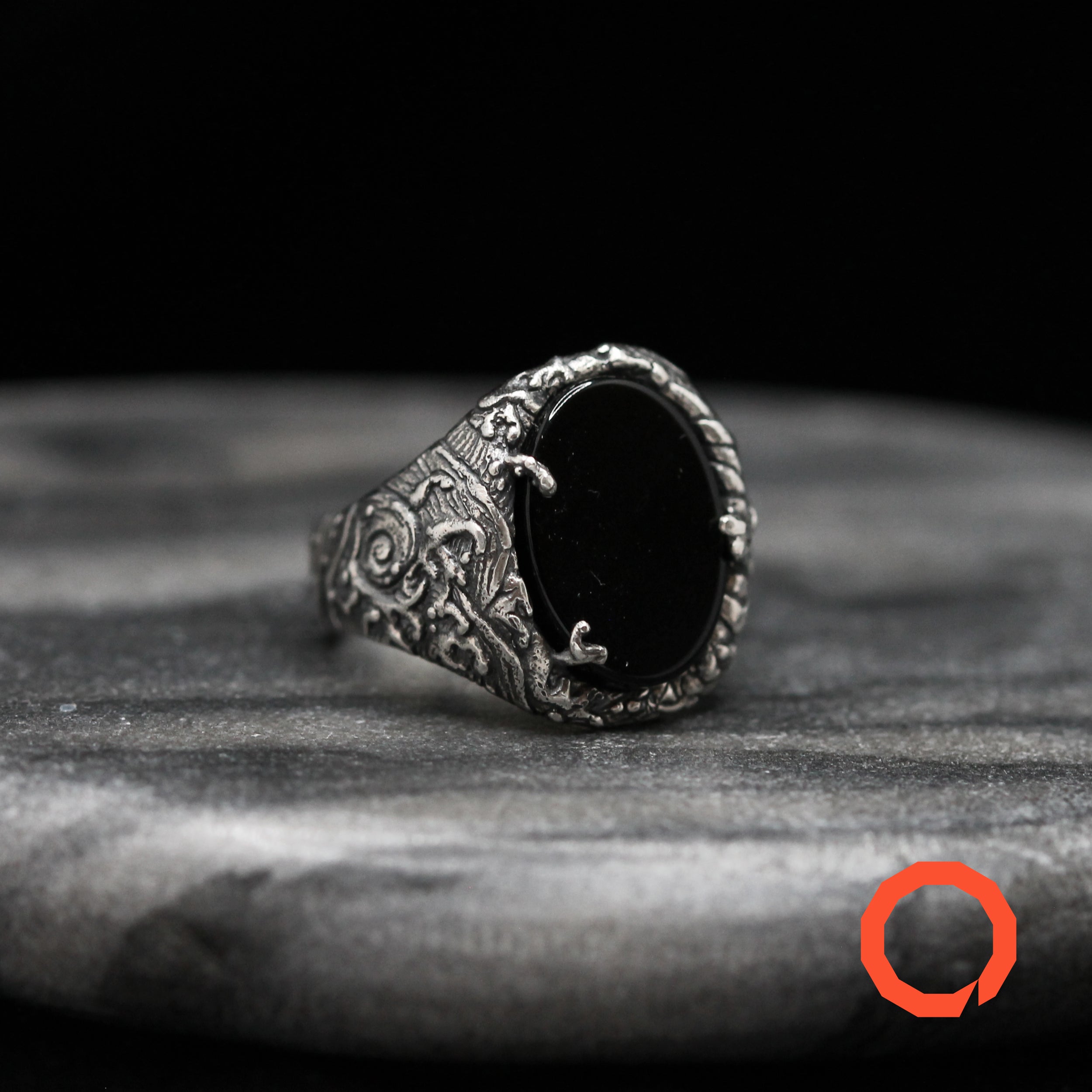 Japanese Tattoo Ring with Onyx – Handcrafted in Sterling Silver 925