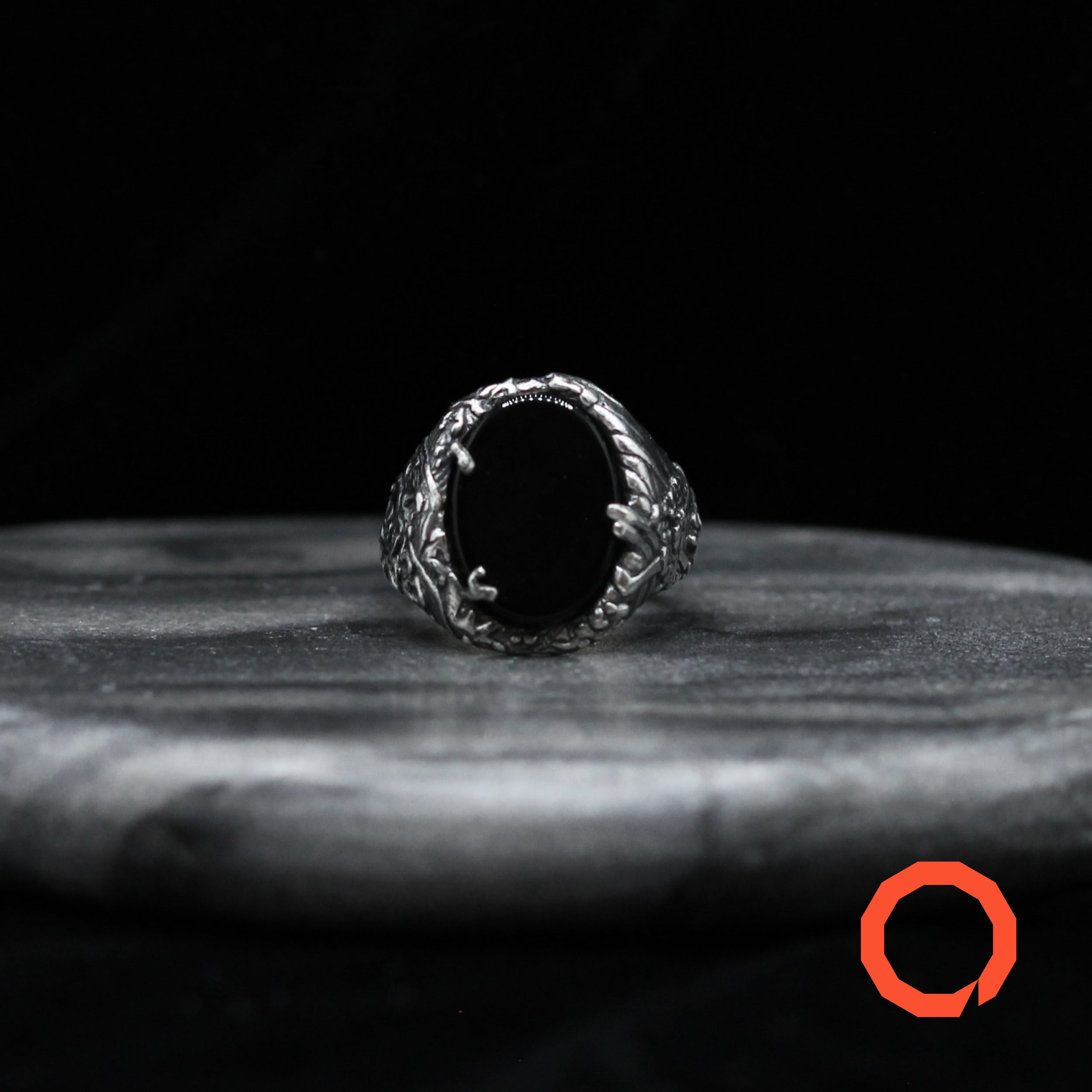 Japanese Tattoo Ring with Onyx – Handcrafted in Sterling Silver 925
