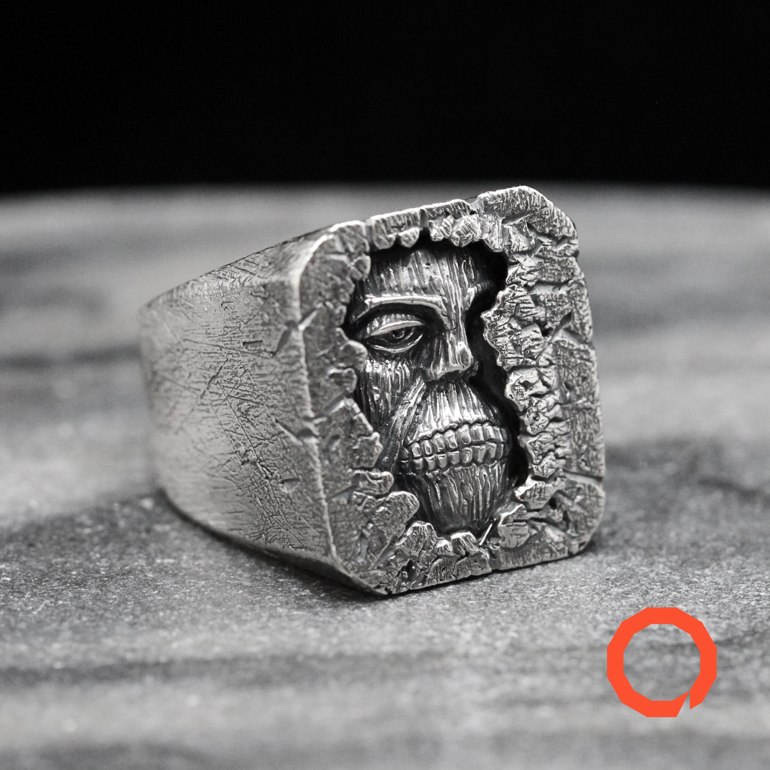 Handcrafted 925 silver Wall Titan ring showing colossal giant face inside stone wall by KaijuLab