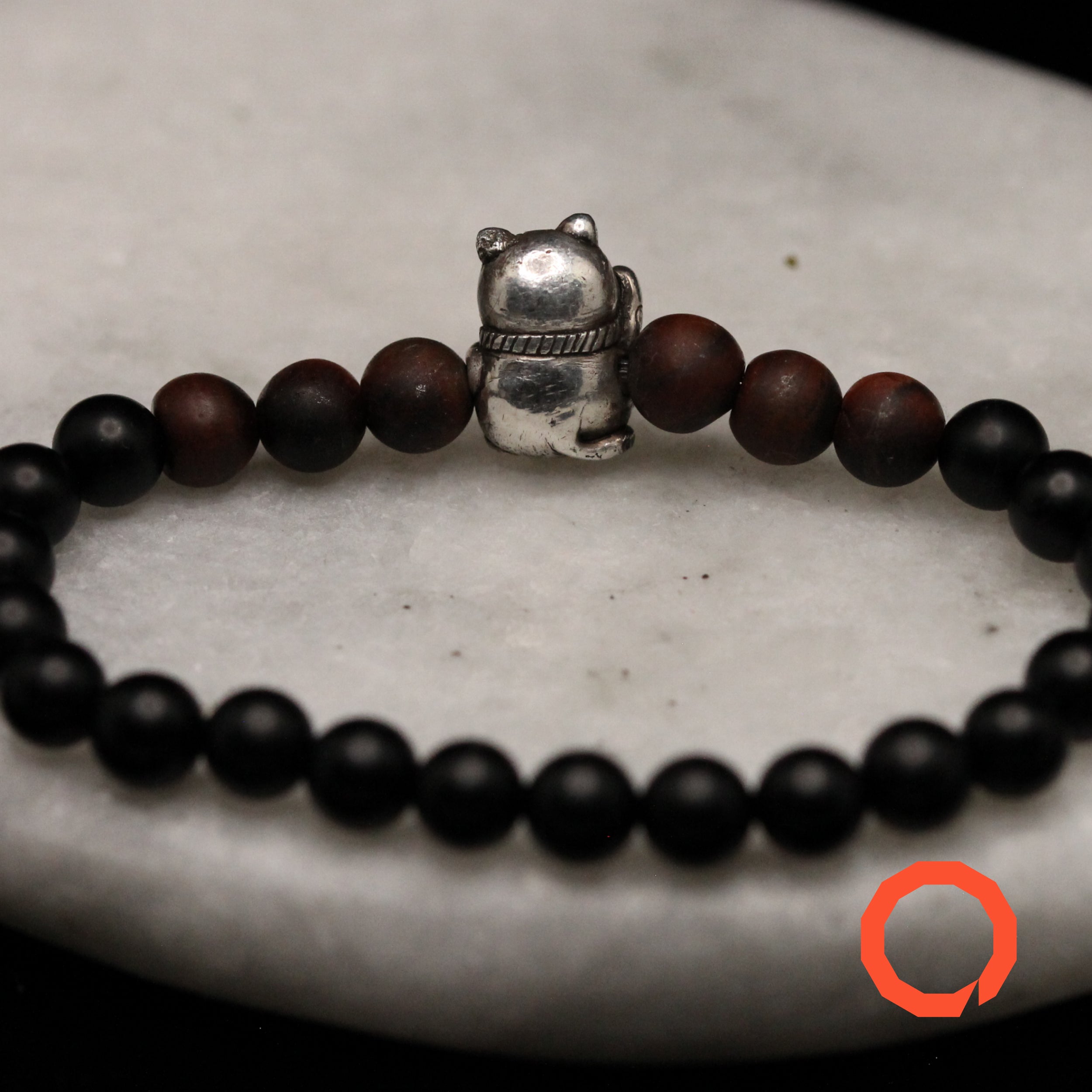 Gemstone Bracelet with Maneki Neko Charm – Black Onyx Good Luck Talisman