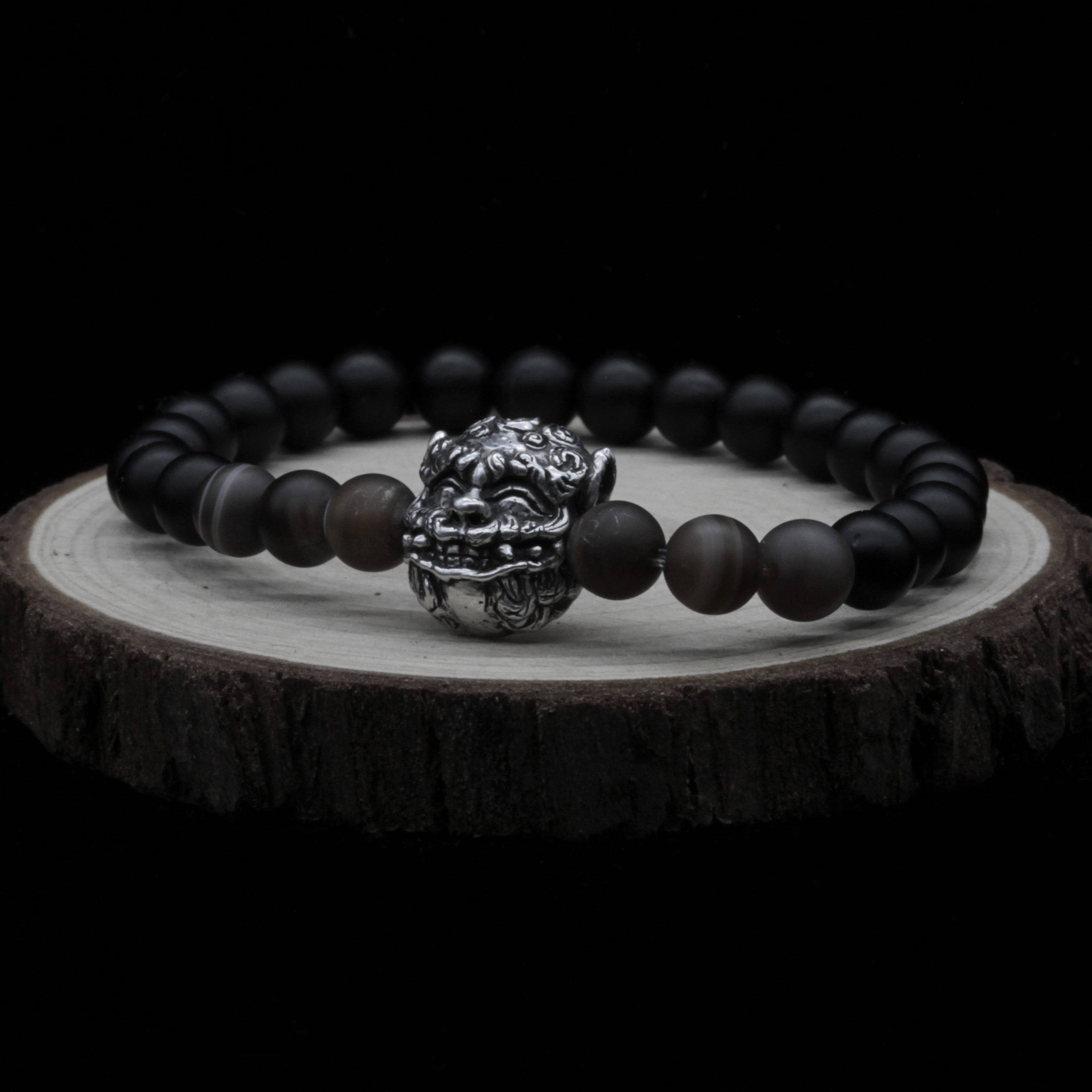Bracciale Shisa – Ciondolo a Bocca Chiusa in Argento 925 con Onice e Occhio di Tigre