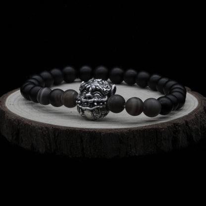 Inner Strength Shisa Bracelet – Closed-Mouth Charm in Silver 925 with Onyx & Tiger’s Eye