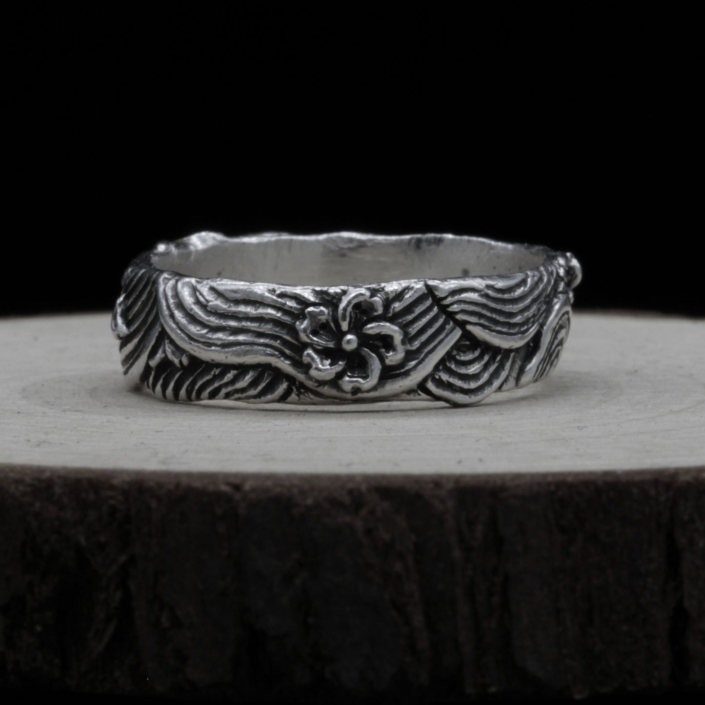 Sakura Wave Silver 925 Ring - Cherry Blossoms Dancing on Silver Waves