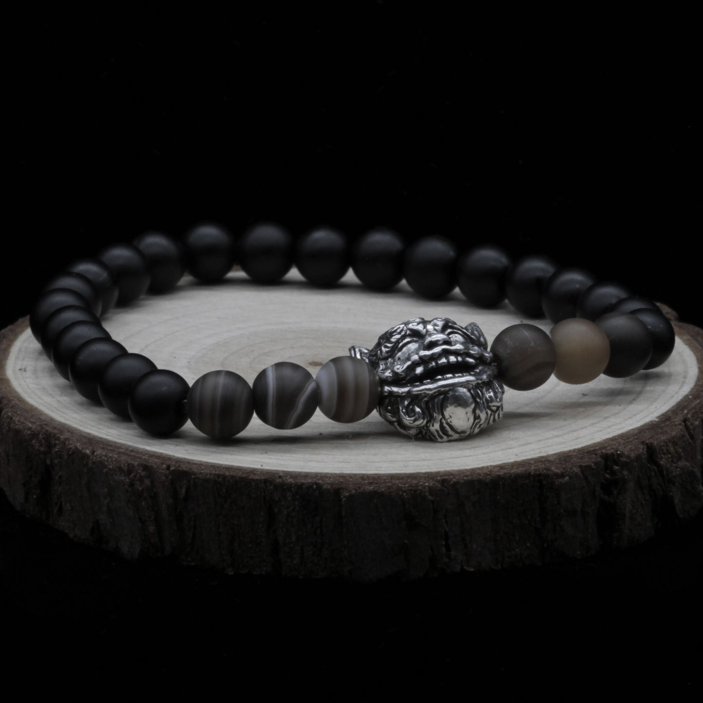 Shisa Protector Bracelet – Open-Mouth Charm in Silver 925 with Onyx and Tiger's Eye