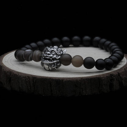 Shisa Protector Bracelet – Open-Mouth Charm in Silver 925 with Onyx and Tiger's Eye