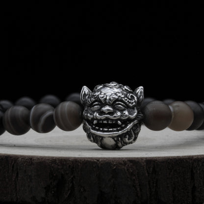 Shisa Protector Bracelet – Open-Mouth Charm in Silver 925 with Onyx and Tiger's Eye