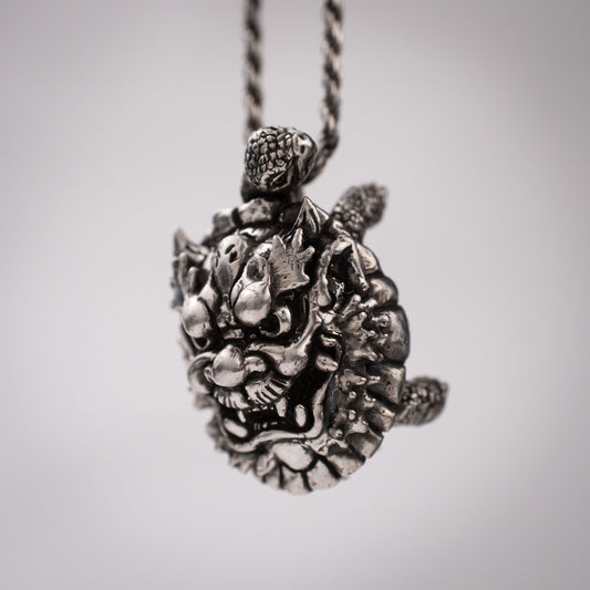 Turtle & Oni Pendant – Fusion of Sea and Myth in Sterling Silver 925