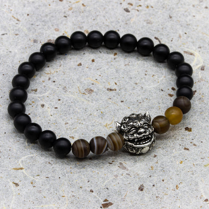 Shisa Protector Bracelet – Open-Mouth Charm in Silver 925 with Onyx and Tiger's Eye