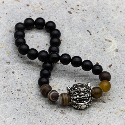 Shisa Protector Bracelet – Open-Mouth Charm in Silver 925 with Onyx and Tiger's Eye