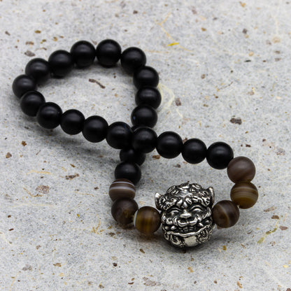 Inner Strength Shisa Bracelet – Closed-Mouth Charm in Silver 925 with Onyx & Tiger’s Eye