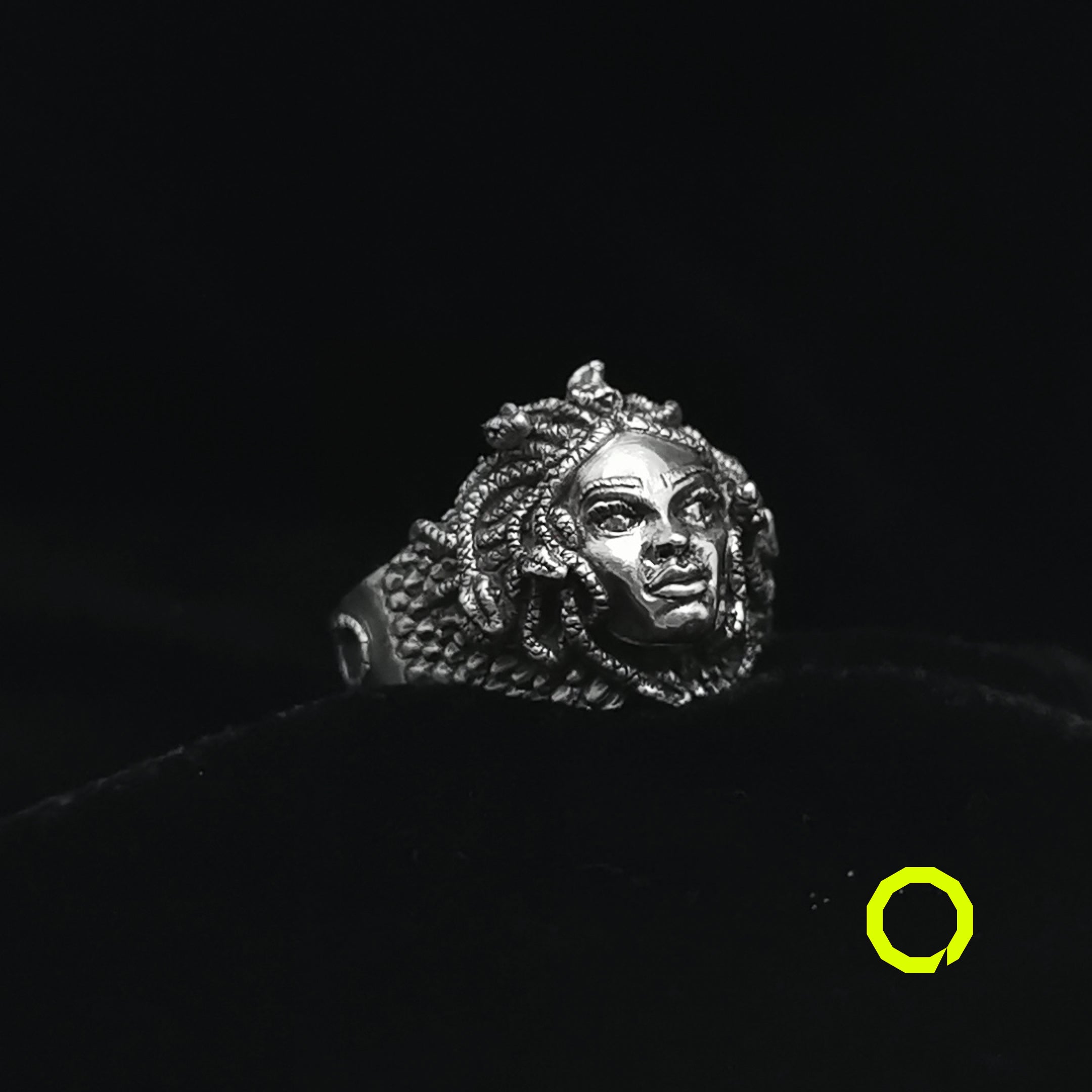 Medusa head handmade silver ring with scales and uroboros