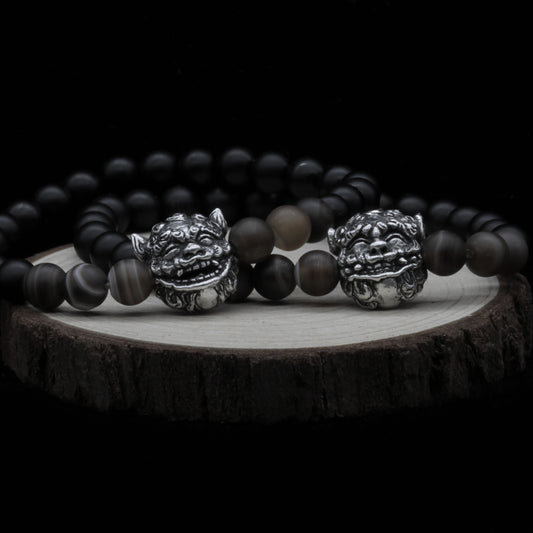 Sacred Circle Shisa Bracelets – Protect and Preserve with Onyx, Tiger’s Eye and Charms in Silver 925