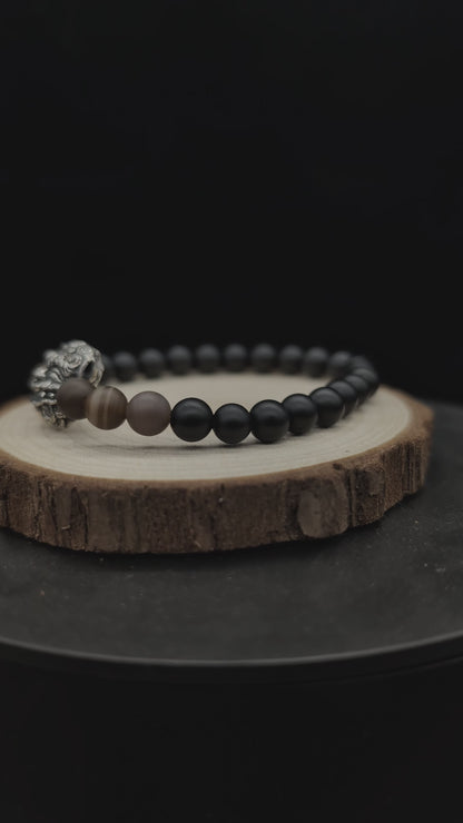 Inner Strength Shisa Bracelet – Closed-Mouth Charm in Silver 925 with Onyx & Tiger’s Eye