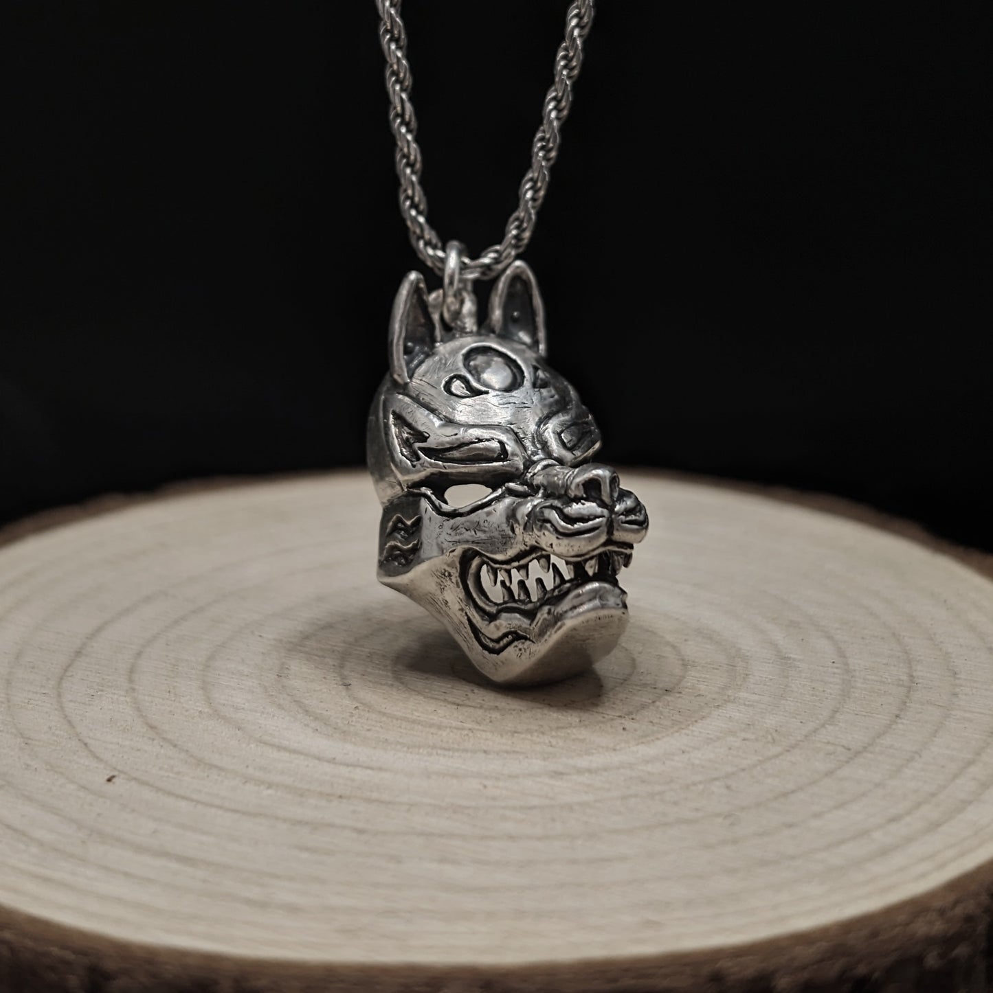 KITSUNE MASK - Unveiling the Enchantment, Handmade Pendant in 925 Sterling Silver