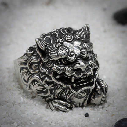 OKINAWA LION with Open Mouth Handmade Silver Ring